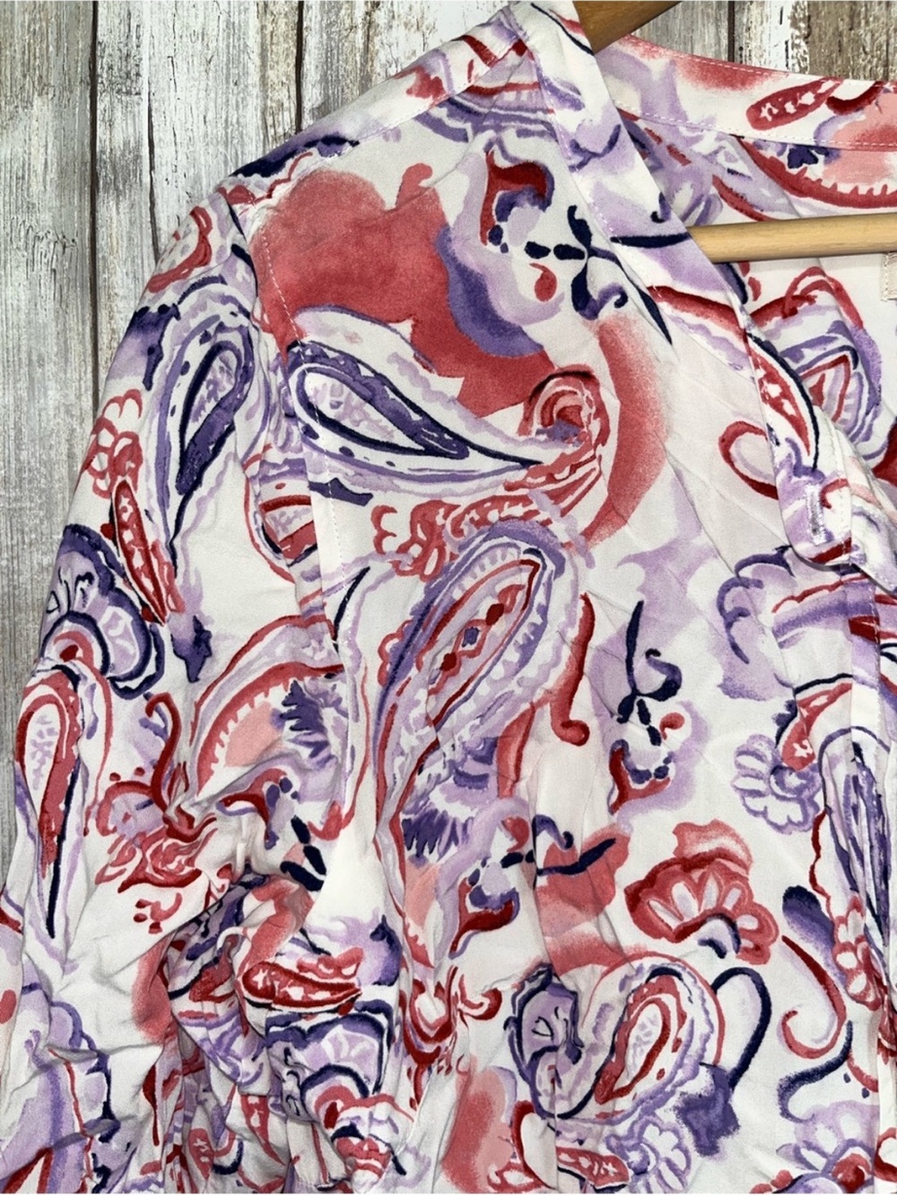 Talbots Large Watercolor Paisley Ruffle Button Front Blouse Pink Purple - Picture 2 of 6